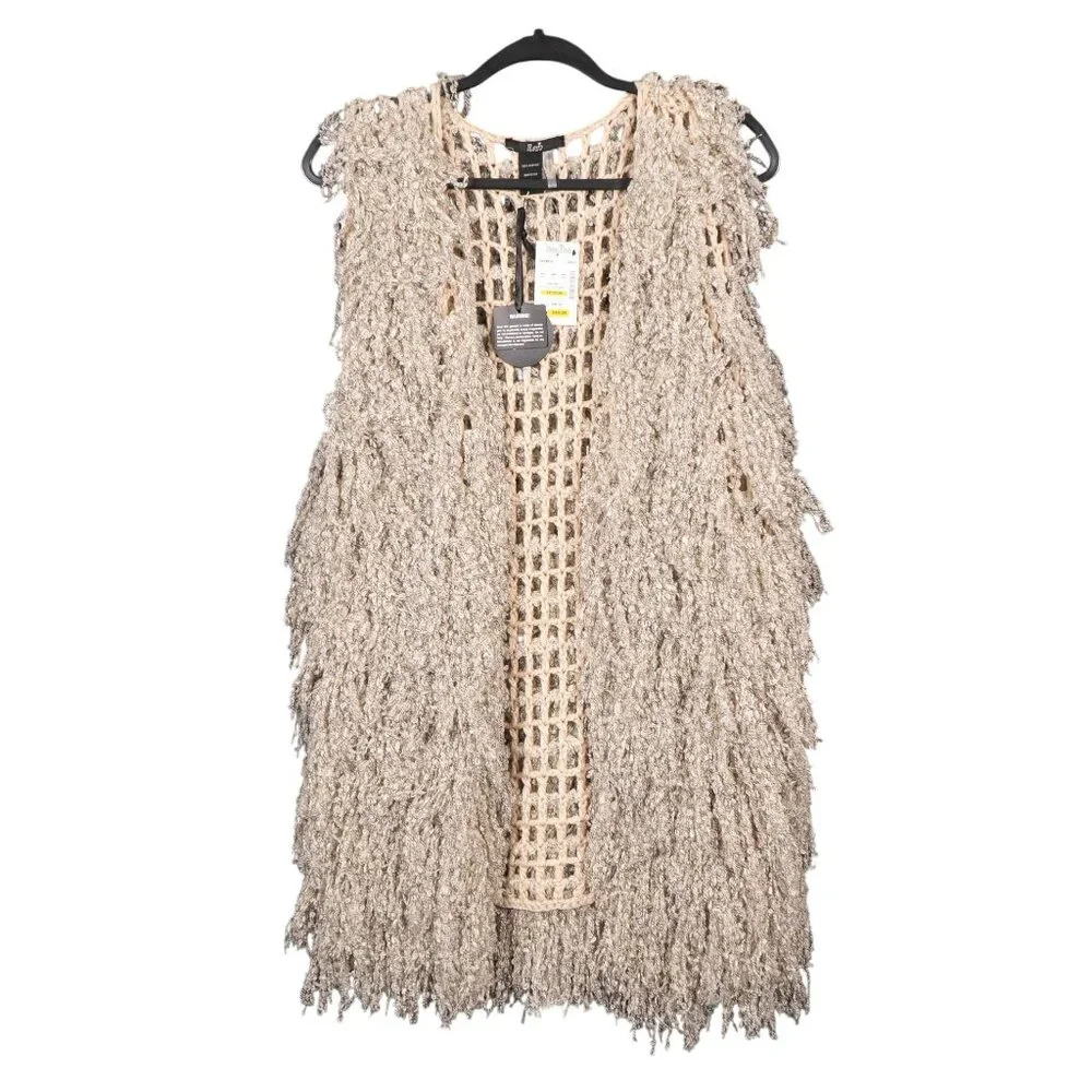 Rain Boho Shaggy Knit Open Vest L NEW Fringed Acrylic Crochet Lagenlook Long - Picture 1 of 6